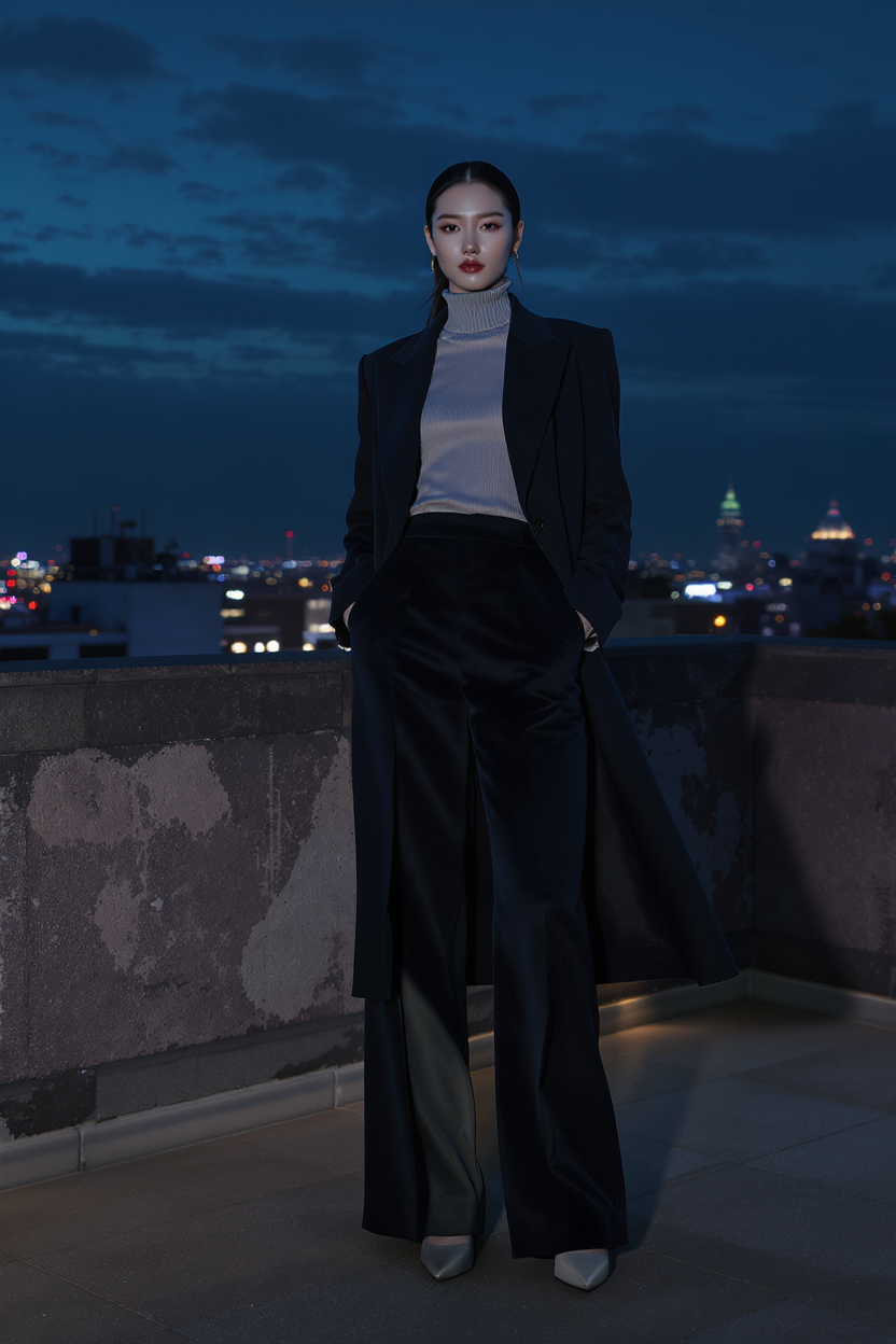 Use the clothing from the canvas node named “服装白底图” as the exact outfit reference and the person appearance from the canvas node named “数字人”. Generate a realistic evening fashion editorial image of the digital human model wearing the exact outfit on a stylish rooftop at blue hour, softly blurred city lights, poised confident stance, cinematic realistic lighting, accurate garment color, silhouette, material and details, no text, no logos, portrait 2:3 composition.