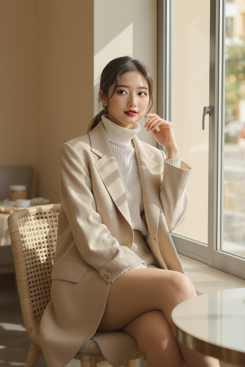 Use the clothing from the canvas node named “服装白底图” as the exact outfit reference and the person appearance from the canvas node named “数字人”. Generate a realistic lifestyle fashion image of the digital human model wearing the exact outfit in a warm minimalist cafe, seated casually near a window with soft sunlight, relaxed elegant pose, accurate garment color, silhouette, material and details, premium commercial photography, no text, no logos, portrait 2:3 composition.