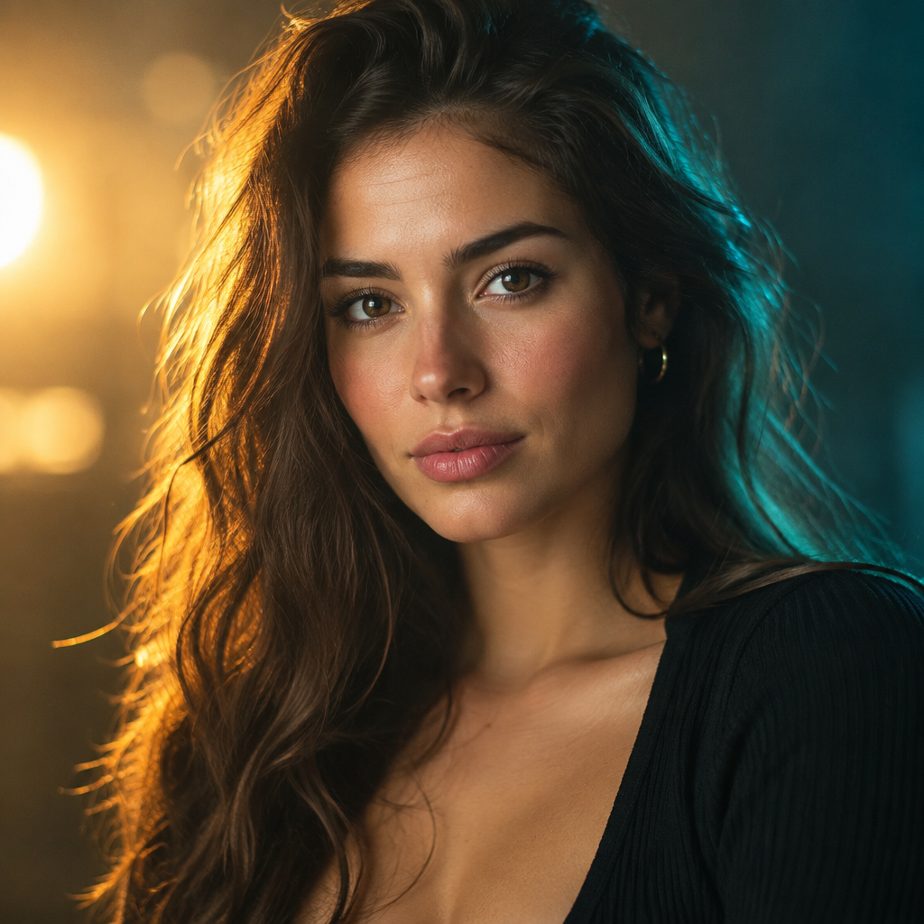 A cinematic studio portrait of a confident young woman with natural skin texture, framed from the chest up, facing the camera with a calm expression. Warm golden hour backlighting combined with soft teal rim light. Shot on 85mm lens, shallow depth of field, sharp focus on the eyes, ultra-realistic, photorealistic, 4K resolution, 16:9 aspect ratio.