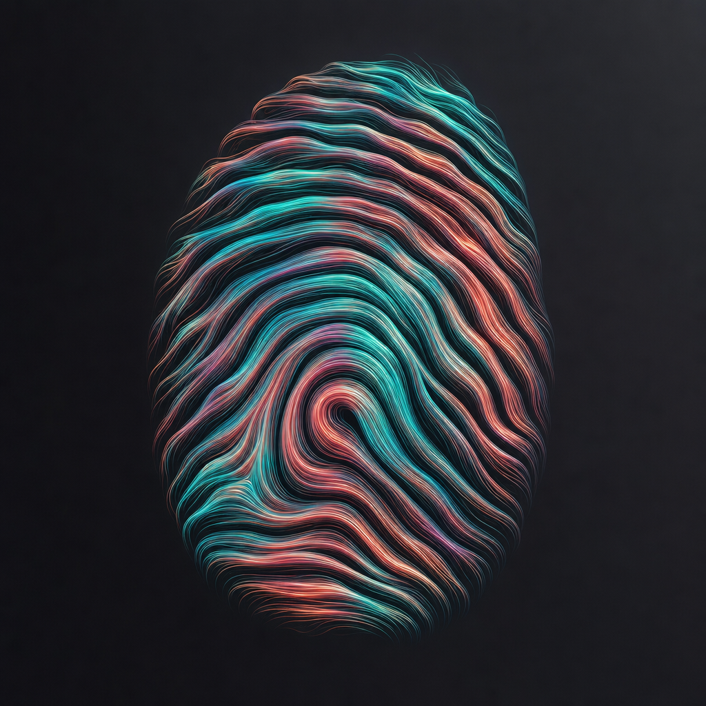 Abstract fingerprint made of flowing gradient threads, iridescent teal and coral on deep charcoal, soft studio lighting, minimal modern poster style