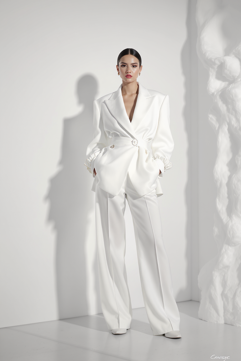 Use the clothing from the canvas node named “服装白底图” as the exact outfit reference, and use the digital human appearance from the canvas node named “数字人”. Create an art-gallery fashion editorial: the digital human model wearing the exact outfit, standing in a minimal white contemporary gallery with sculptural artwork, sophisticated pose, soft directional lighting, realistic fabric texture, accurate garment construction, premium commercial fashion photography, no text, no logos, portrait composition.