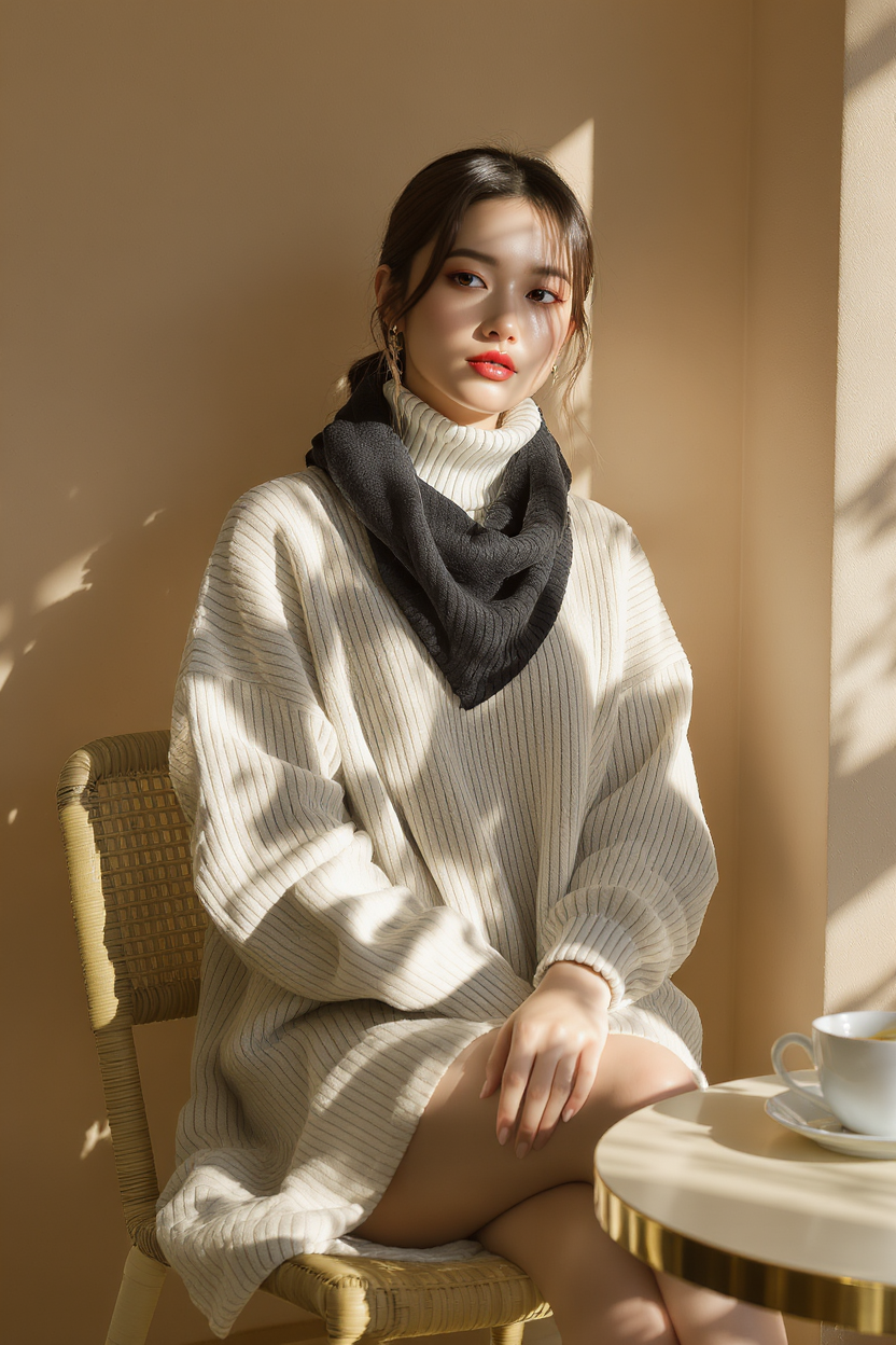 Use the clothing from the canvas node named “服装白底图” as the exact outfit reference, and use the digital human appearance from the canvas node named “数字人”. Create a premium lifestyle fashion image: the digital human model wearing the exact outfit, seated casually in a sunlit minimalist cafe, warm neutral interior, coffee table, relaxed natural pose, realistic fabric texture, accurate garment construction, high-end commercial fashion photography, no text, no logos, portrait composition.