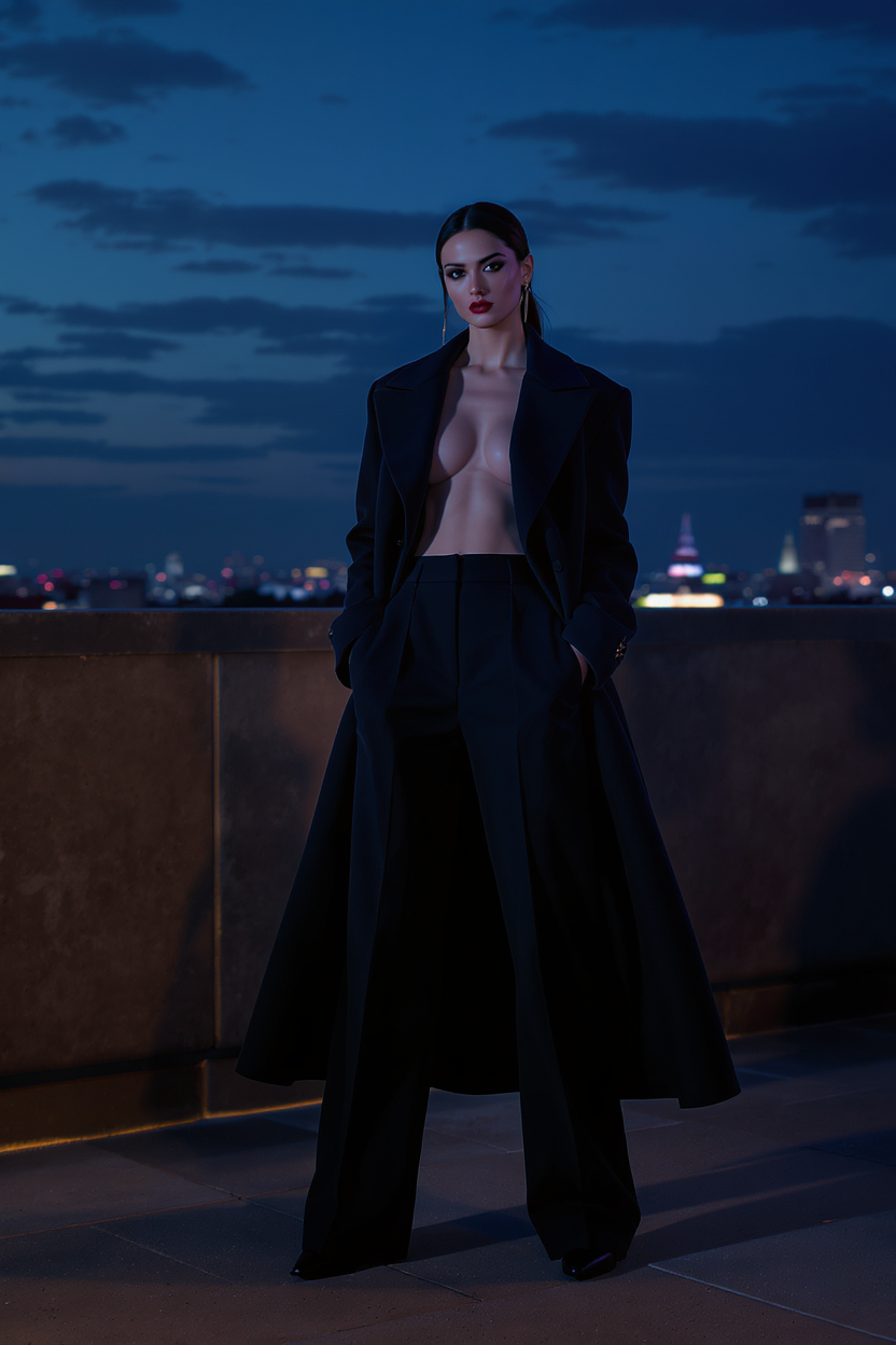 Use the clothing from the canvas node named “服装白底图” as the exact outfit reference, and use the digital human appearance from the canvas node named “数字人”. Create an evening fashion editorial: the digital human model wearing the exact outfit, on a stylish rooftop at blue hour with city lights softly blurred in the background, poised confident stance, cinematic but realistic lighting, realistic fabric texture, accurate garment construction, premium commercial fashion photography, no text, no logos, portrait composition.