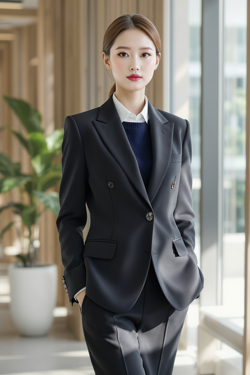 Use the clothing from the canvas node named “服装白底图” as the exact outfit reference and the person appearance from the canvas node named “数字人”. Generate a realistic workwear fashion editorial image of the digital human model wearing the exact outfit in a bright contemporary office with glass, wood and soft daylight, professional confident pose, accurate garment color, silhouette, material and details, premium commercial photography, no text, no logos, portrait 2:3 composition.