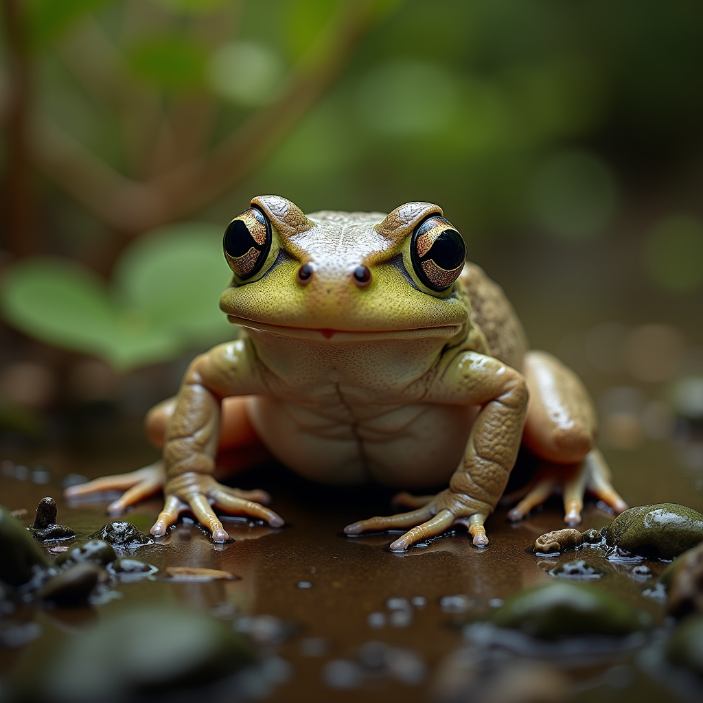 A photorealistic portrait of a African Clawed Frog in its natural habitat