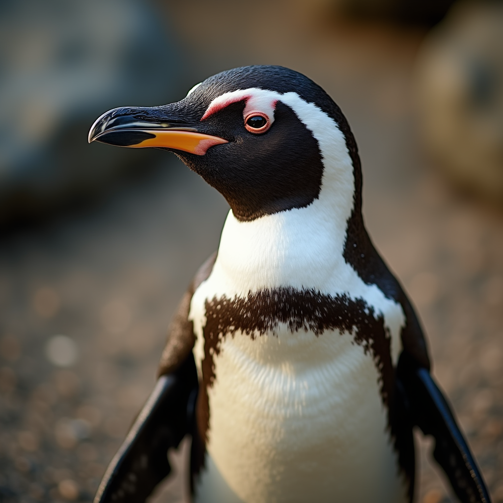 A photorealistic portrait of a African Penguin in its natural habitat