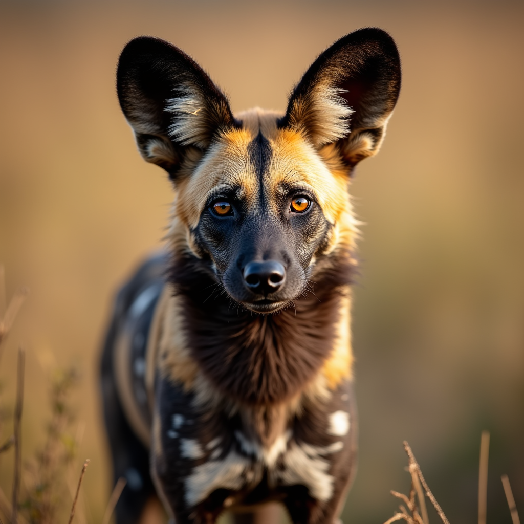 A photorealistic portrait of a African Wild Dog in its natural habitat