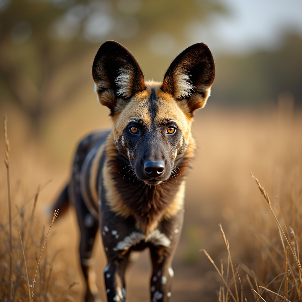 A photorealistic portrait of a African Wild Dog in its natural habitat