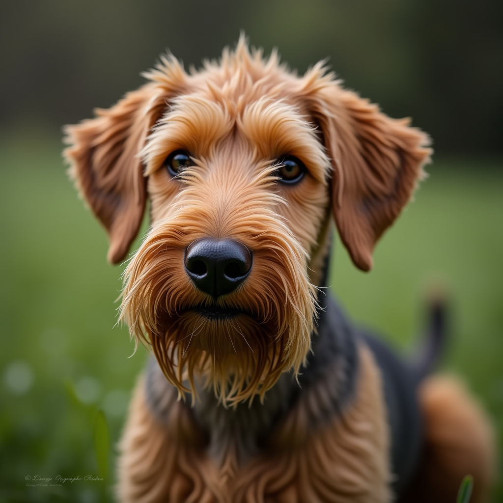 A photorealistic portrait of a Airedale Terrier in its natural habitat