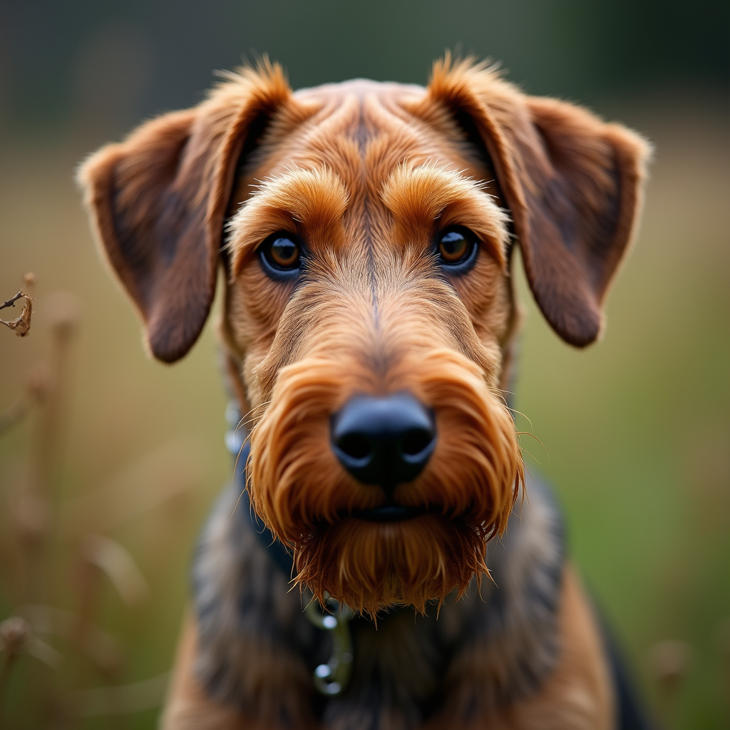 A photorealistic portrait of a Airedale Terrier in its natural habitat