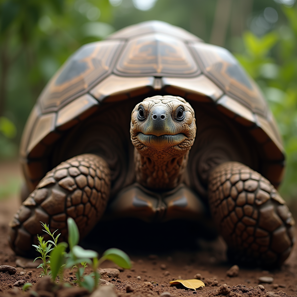 A photorealistic portrait of a Aldabra Giant Tortoise in its natural habitat