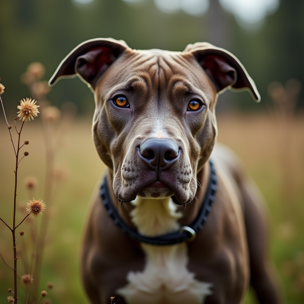 A photorealistic portrait of a American Pit Bull Terrier in its natural habitat