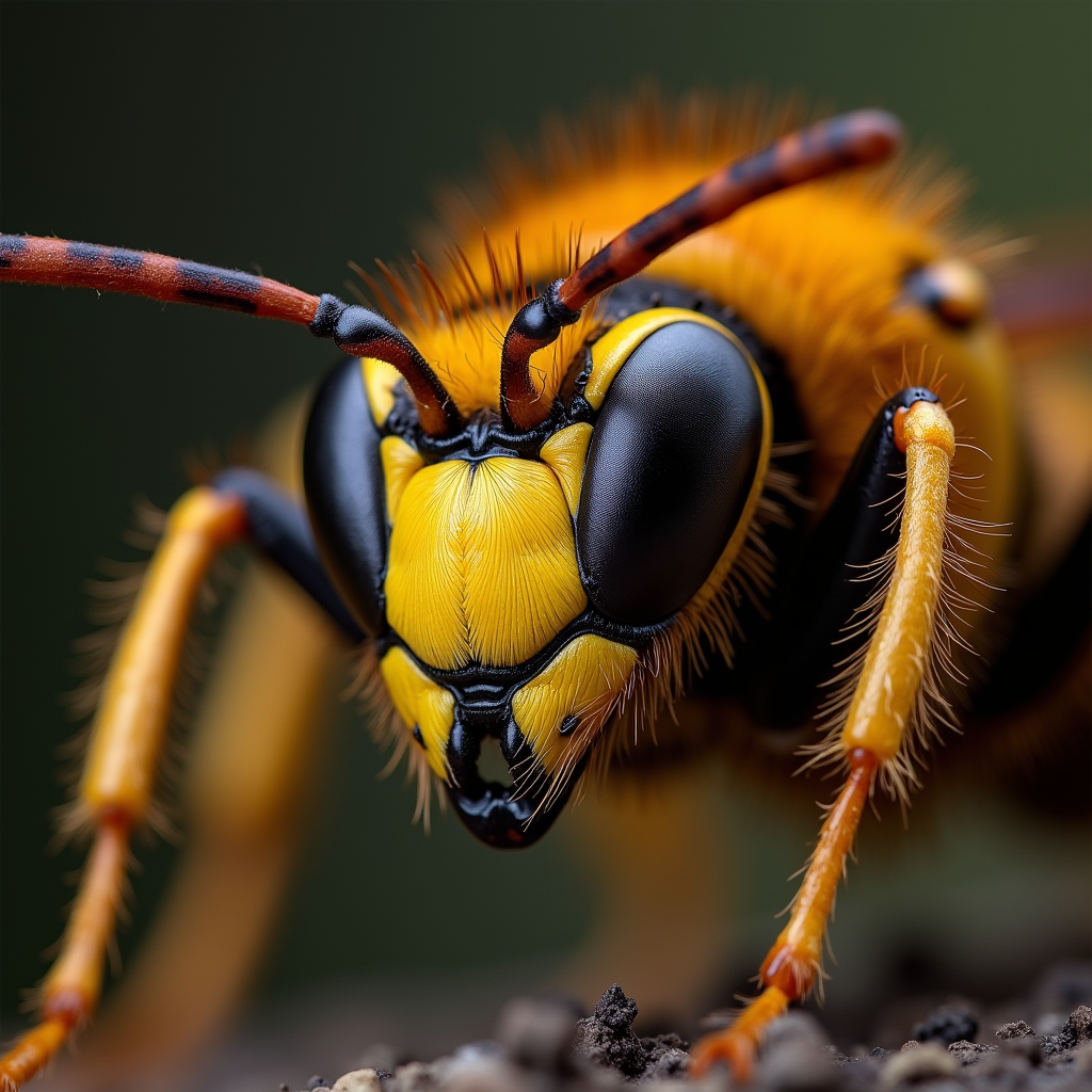 A photorealistic portrait of a Asian Giant Hornet in its natural habitat