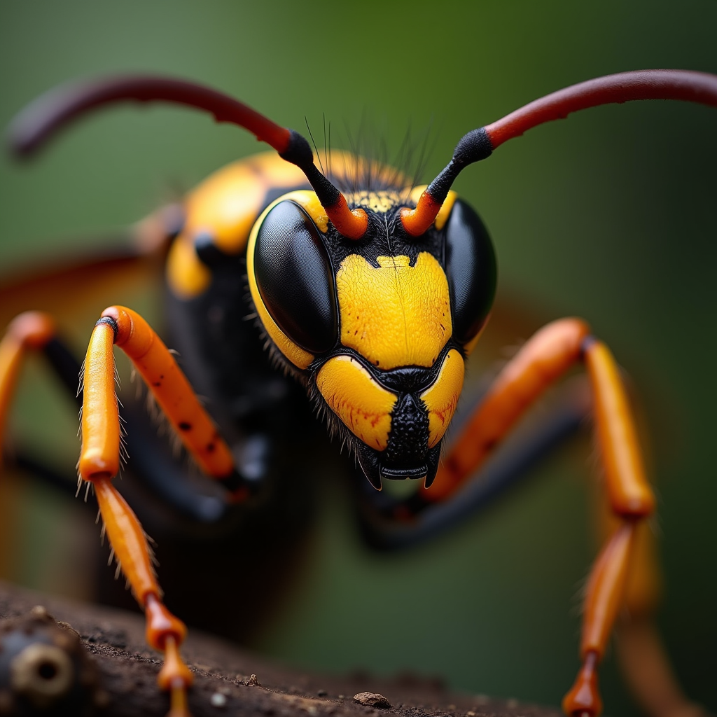 A photorealistic portrait of a Asian Giant Hornet in its natural habitat