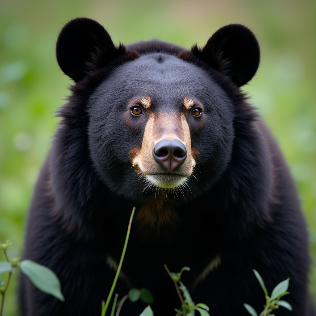 A photorealistic portrait of a Asiatic Black Bear in its natural habitat