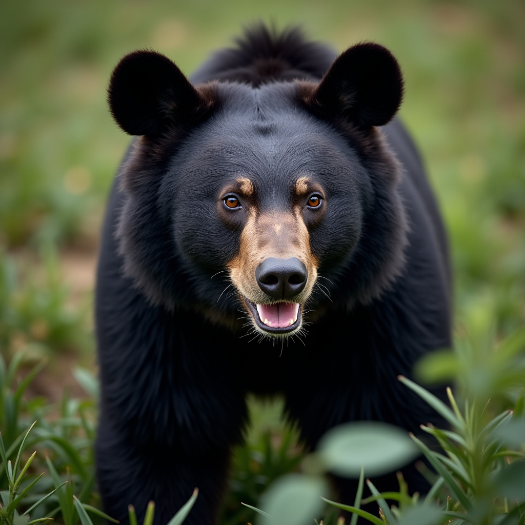 A photorealistic portrait of a Asiatic Black Bear in its natural habitat