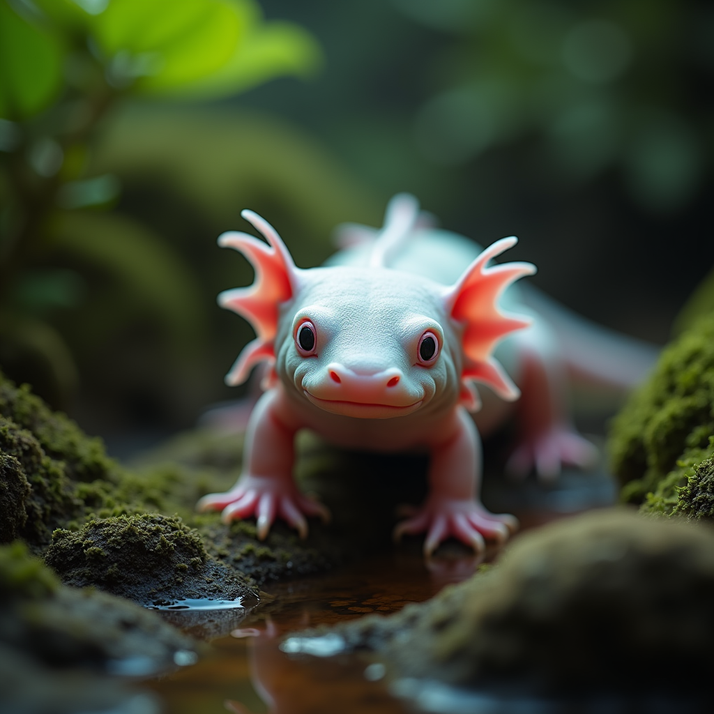 A photorealistic portrait of a Axolotl in its natural habitat