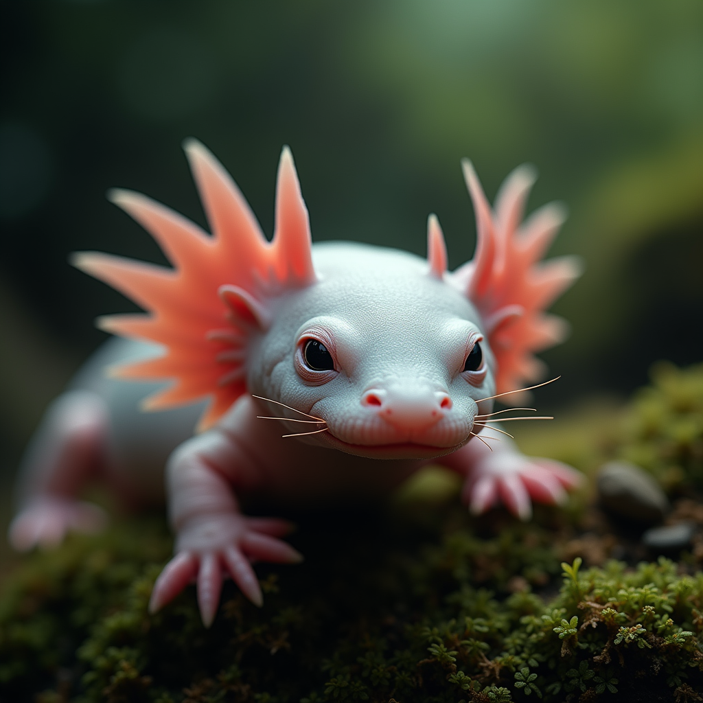 A photorealistic portrait of a Axolotl in its natural habitat