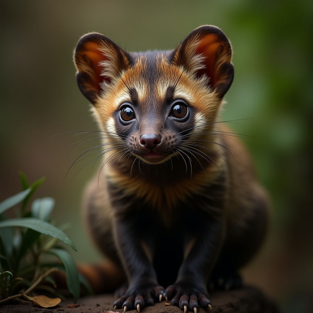 A photorealistic portrait of a Banded Palm Civet in its natural habitat