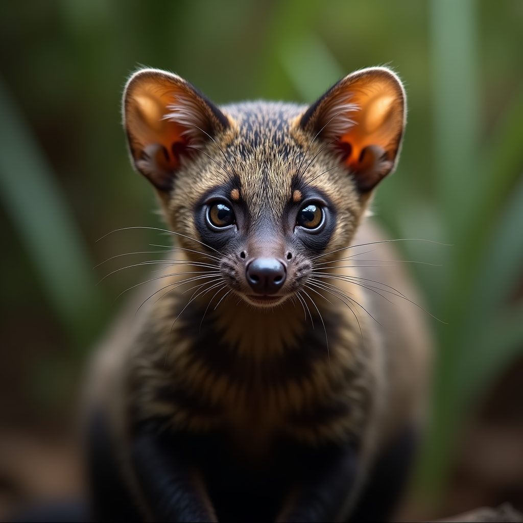 A photorealistic portrait of a Banded Palm Civet in its natural habitat