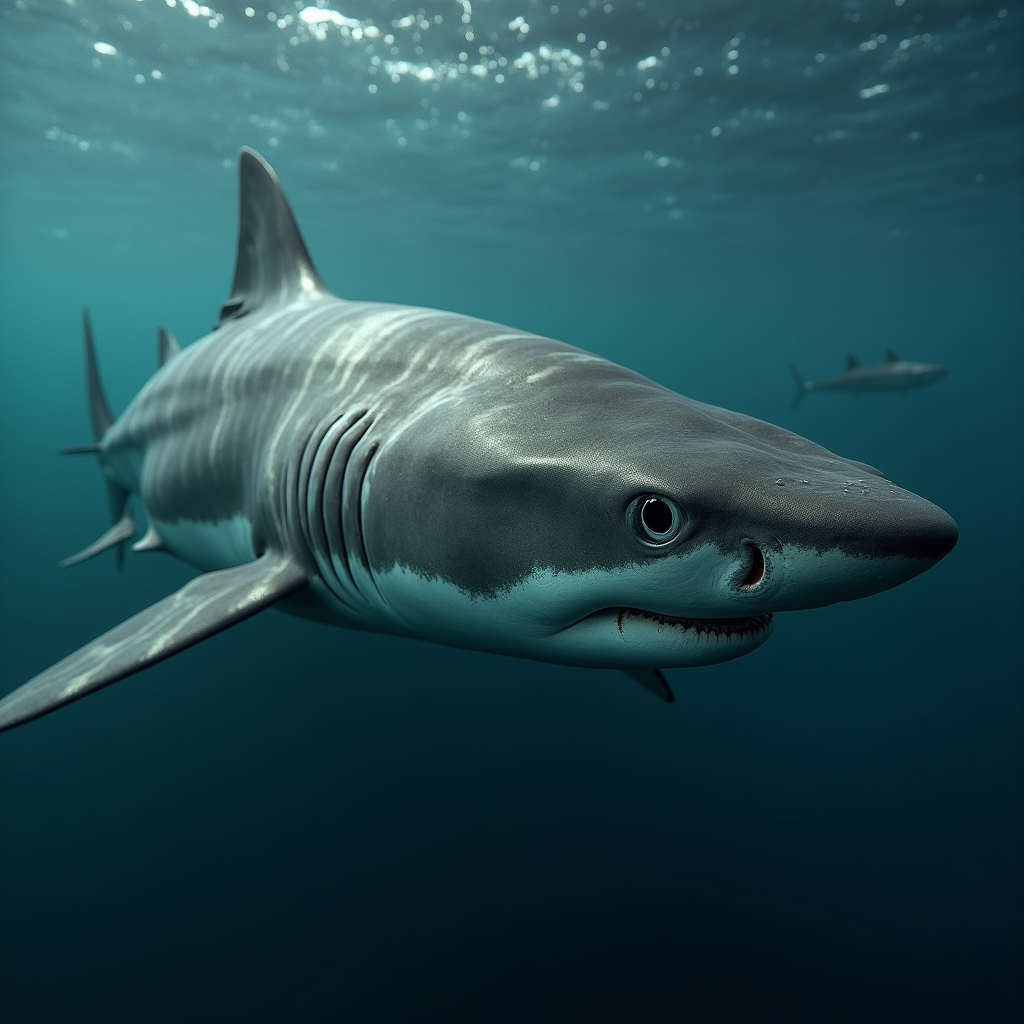 A photorealistic portrait of a Basking Shark in its natural habitat