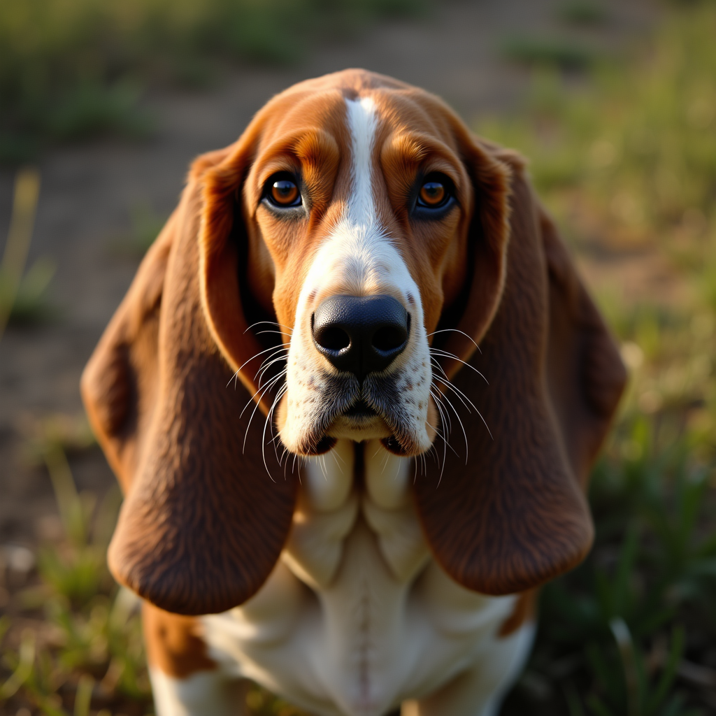 A photorealistic portrait of a Basset Hound in its natural habitat