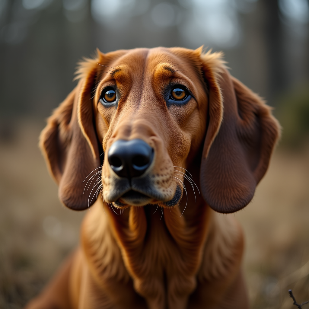 A photorealistic portrait of a Bavarian Mountain Hound in its natural habitat
