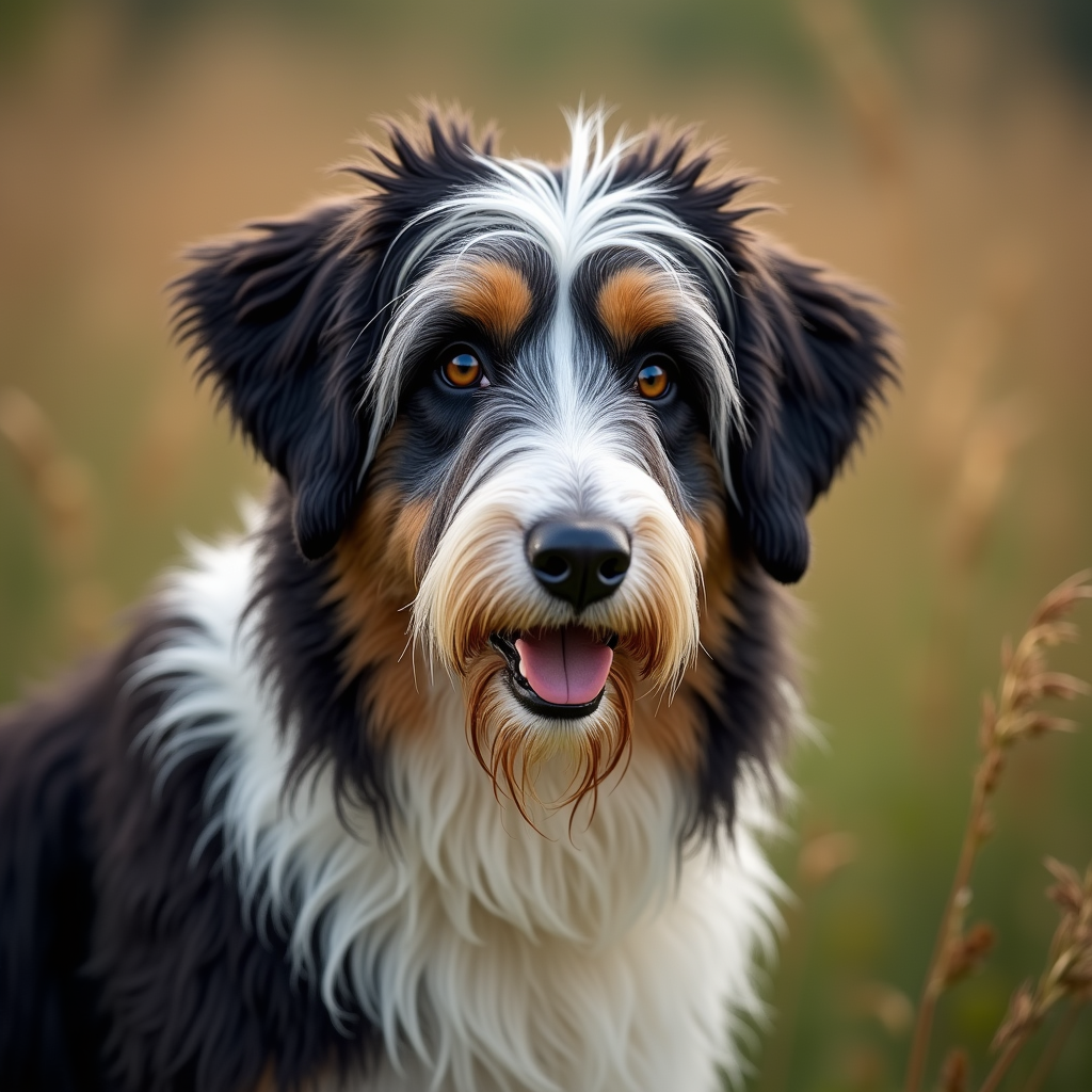 A photorealistic portrait of a Bearded Collie in its natural habitat