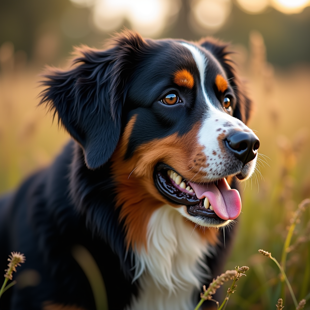 A photorealistic portrait of a Bernese Mountain Dog in its natural habitat