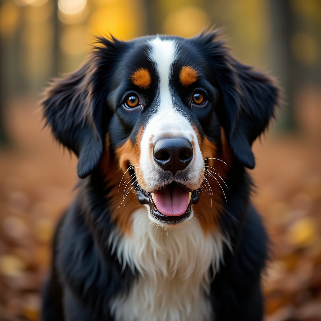 A photorealistic portrait of a Bernese Mountain Dog in its natural habitat