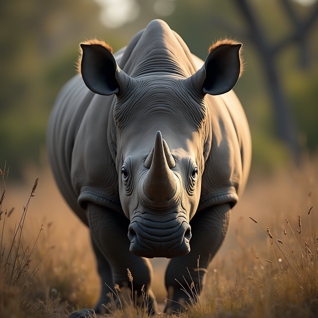 A photorealistic portrait of a Black Rhinoceros in its natural habitat