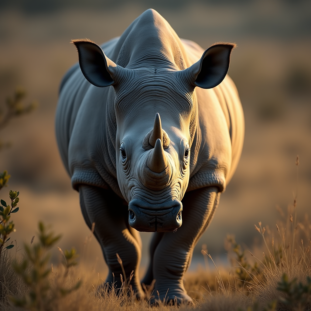 A photorealistic portrait of a Black Rhinoceros in its natural habitat