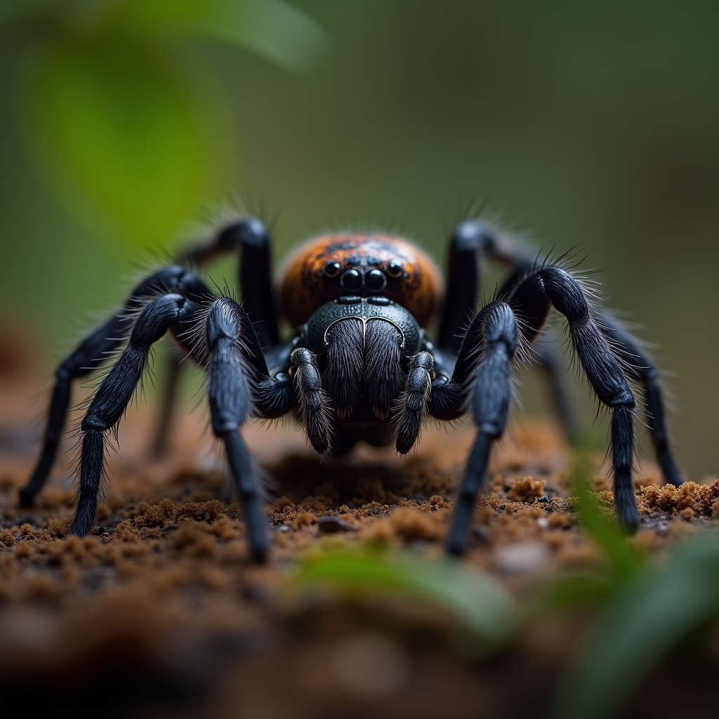 A photorealistic portrait of a Black Widow Spider in its natural habitat