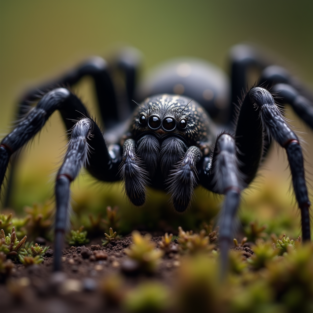 A photorealistic portrait of a Black Widow Spider in its natural habitat