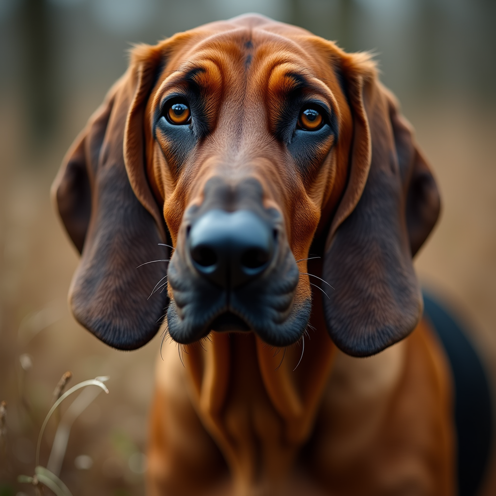 A photorealistic portrait of a Bloodhound in its natural habitat