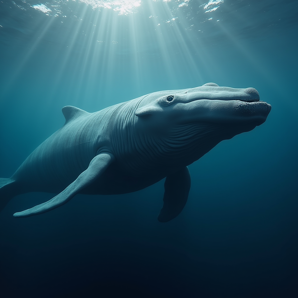 A photorealistic portrait of a Blue Whale in its natural habitat