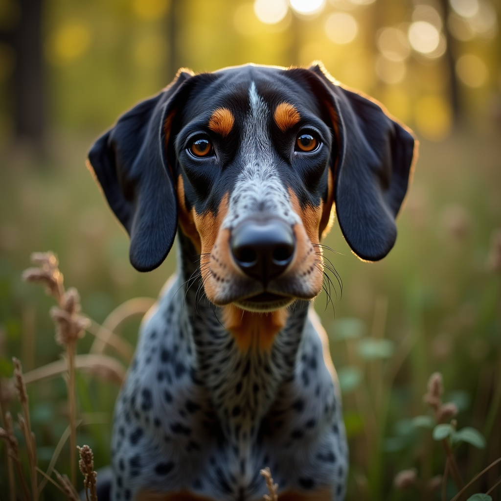 A photorealistic portrait of a Bluetick Coonhound in its natural habitat