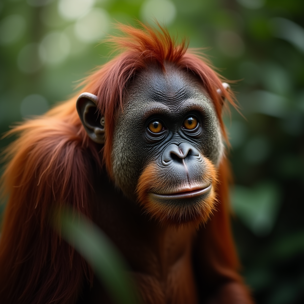 A photorealistic portrait of a Bornean Orang-utan in its natural habitat