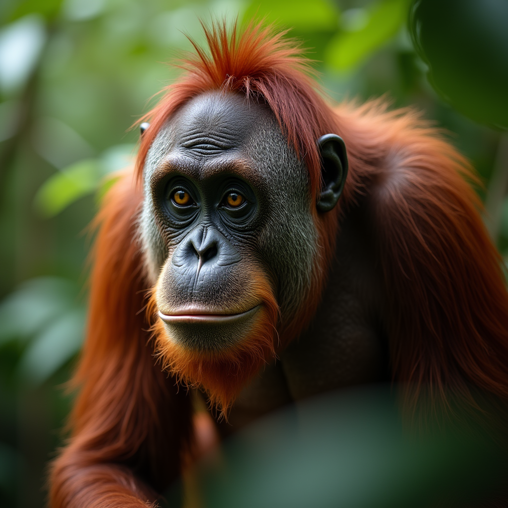 A photorealistic portrait of a Bornean Orang-utan in its natural habitat