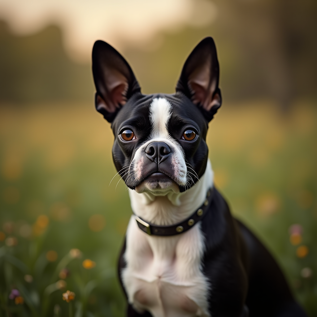 A photorealistic portrait of a Boston Terrier in its natural habitat