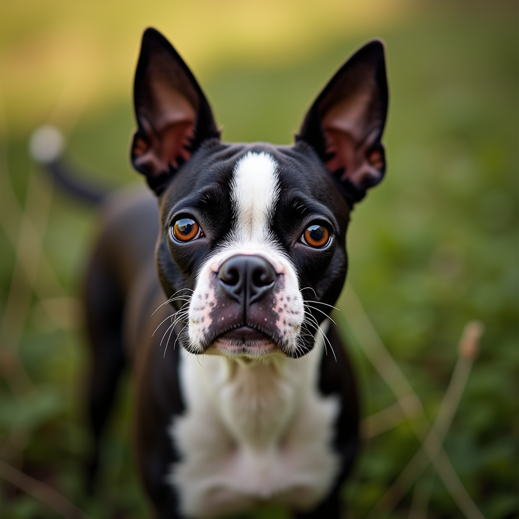 A photorealistic portrait of a Boston Terrier in its natural habitat