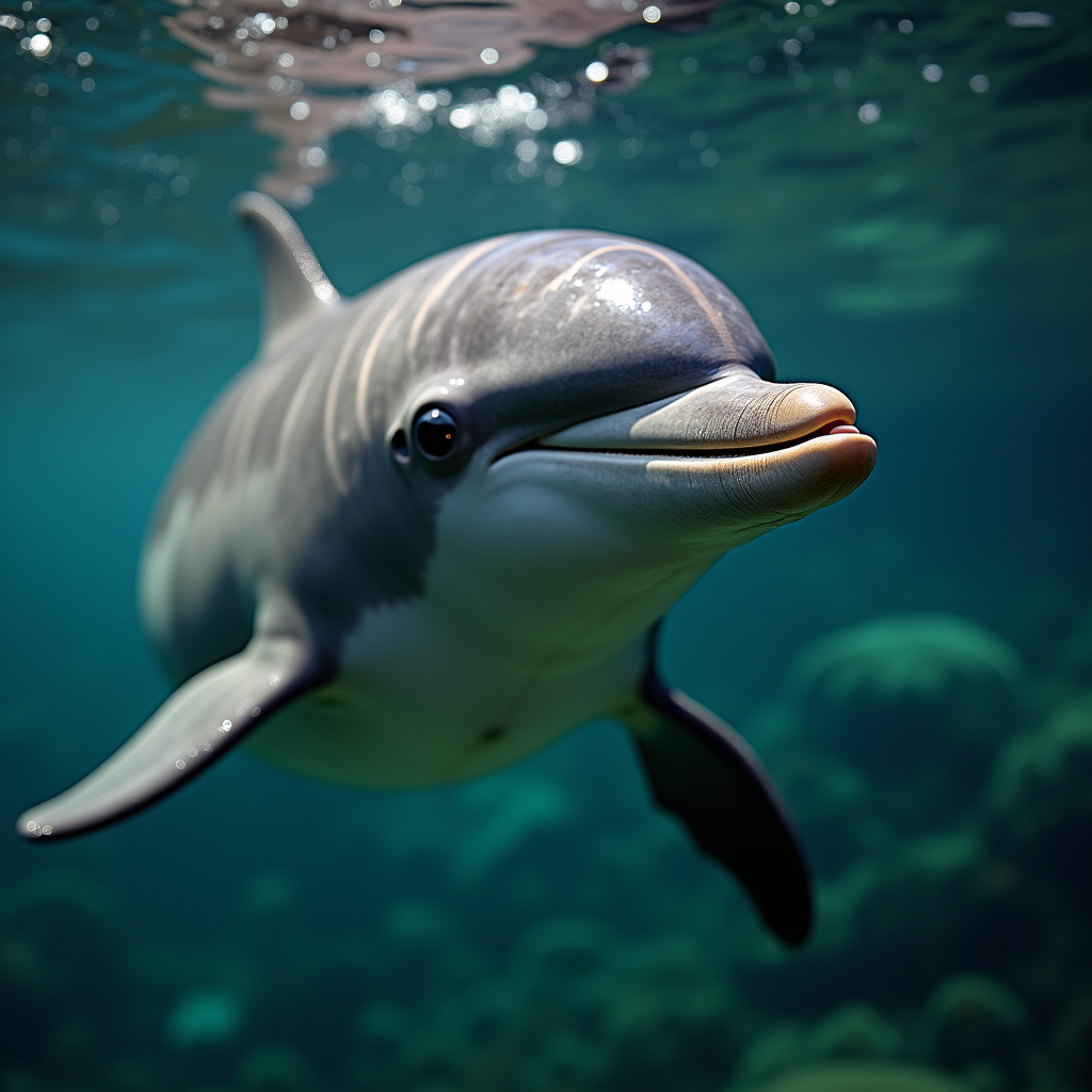 A photorealistic portrait of a Bottle Nosed Dolphin in its natural habitat