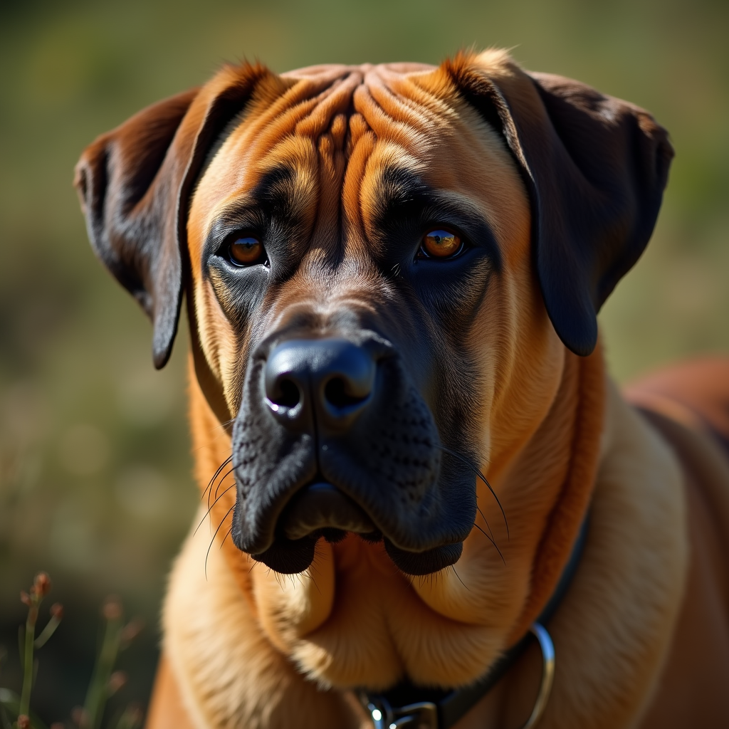 A photorealistic portrait of a Bull Mastiff in its natural habitat
