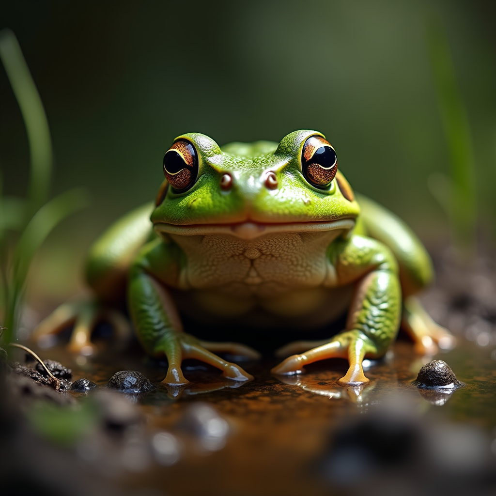 A photorealistic portrait of a Bullfrog in its natural habitat