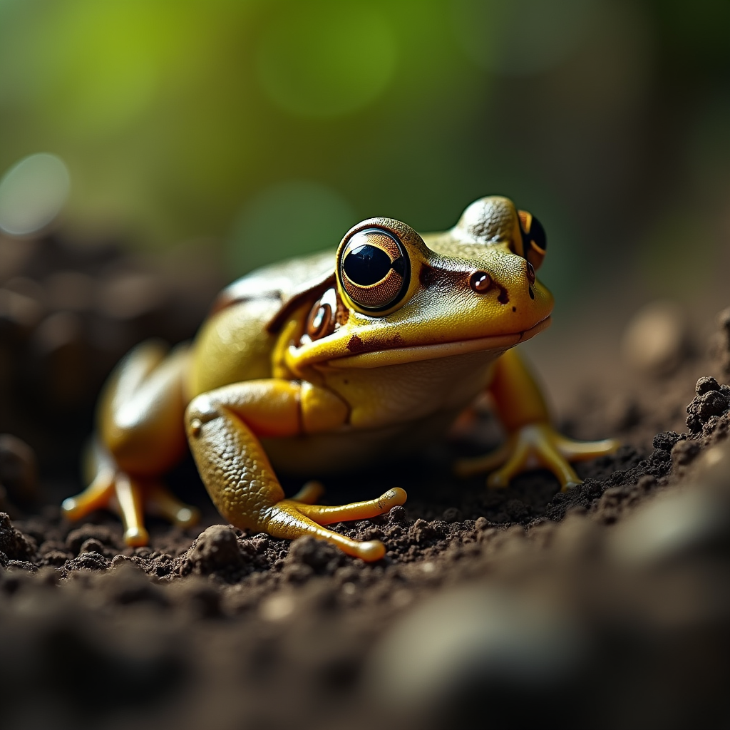 A photorealistic portrait of a Burrowing Frog in its natural habitat