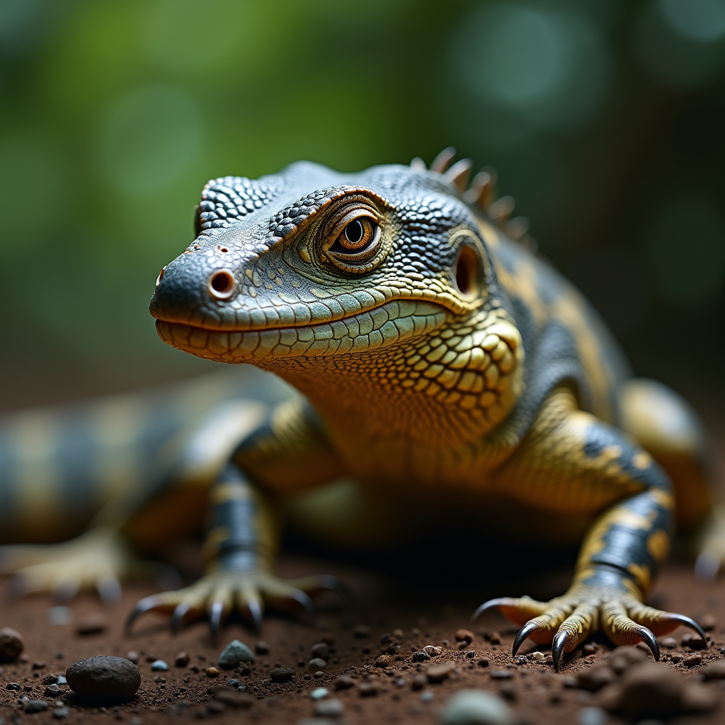 A photorealistic portrait of a Caiman Lizard in its natural habitat