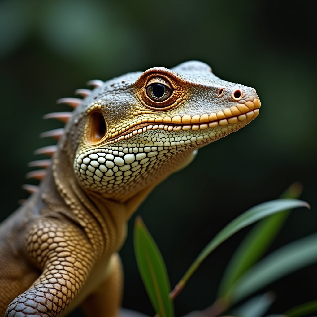 A photorealistic portrait of a Caiman Lizard in its natural habitat