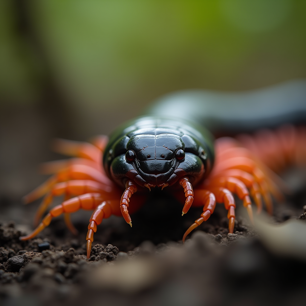 A photorealistic portrait of a Centipede in its natural habitat