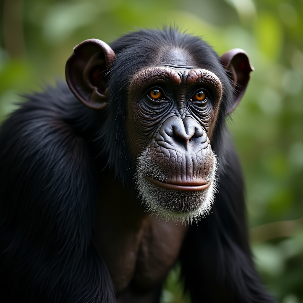 A photorealistic portrait of a Chimpanzee in its natural habitat