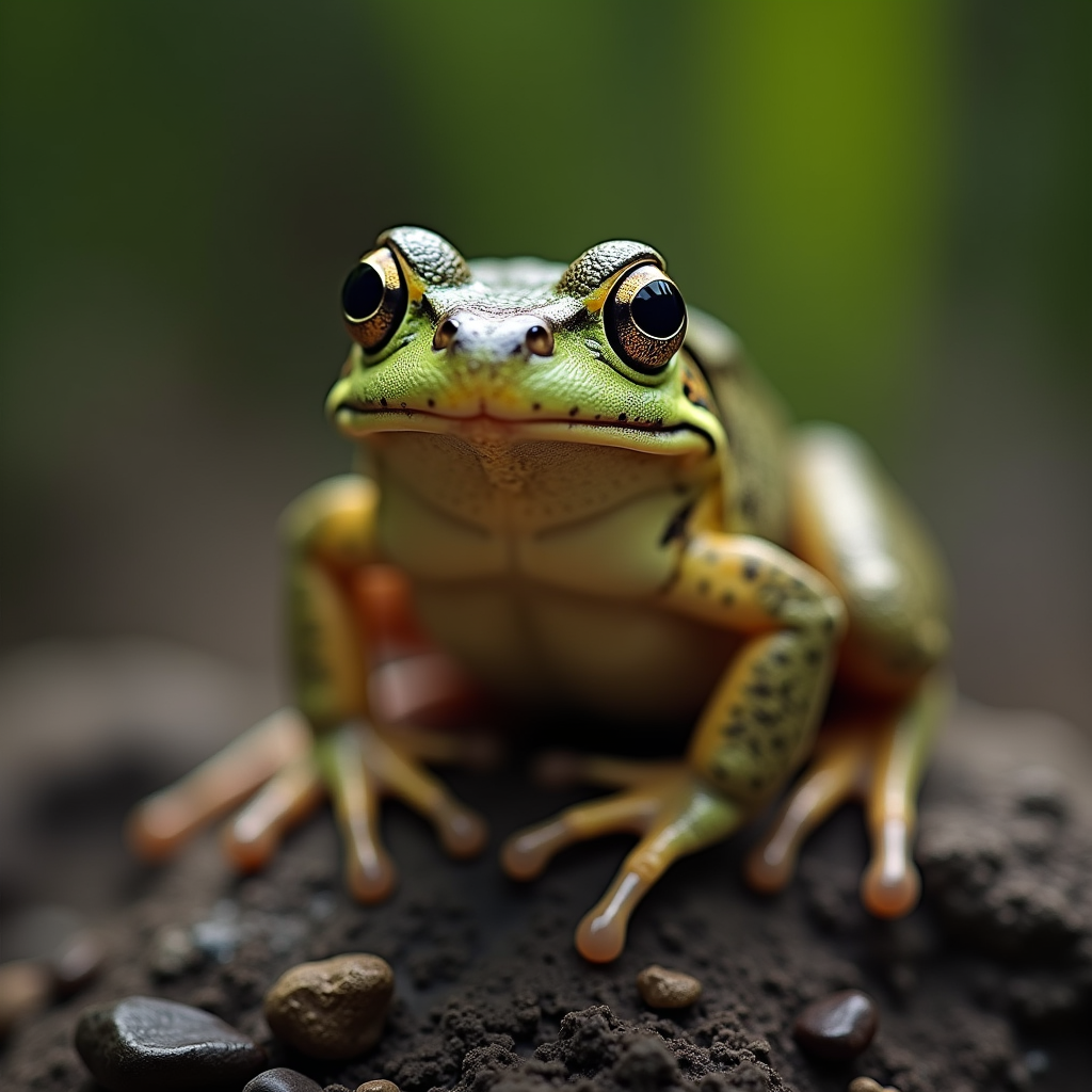 A photorealistic portrait of a Common Frog in its natural habitat